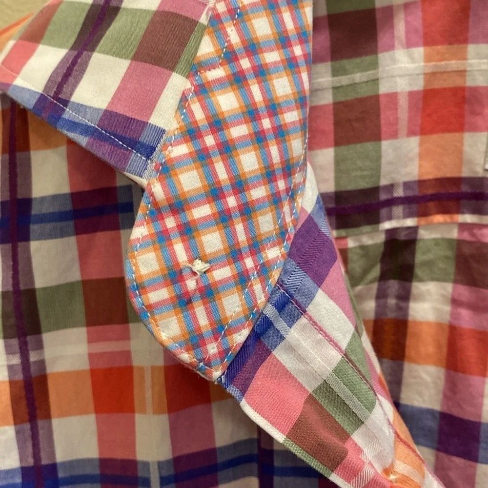 Thomas Dean Plaid Button Down Pima Cotton L/S Shirt Contrasting Cuffs Size M